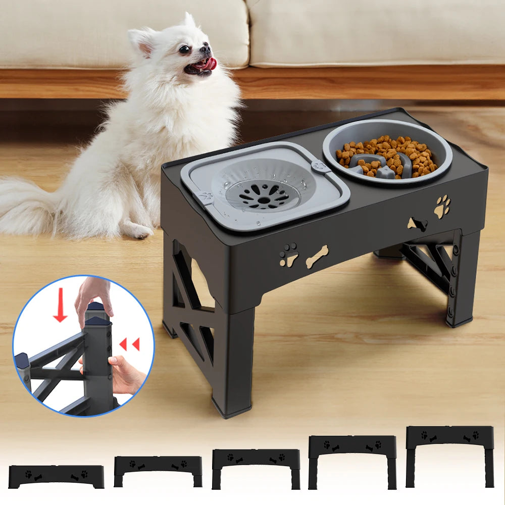 Gamelle Élevée 3-en-1 pour Chien – Support Pliable, Hauteur Réglable (5 niveaux) avec Bols Inox