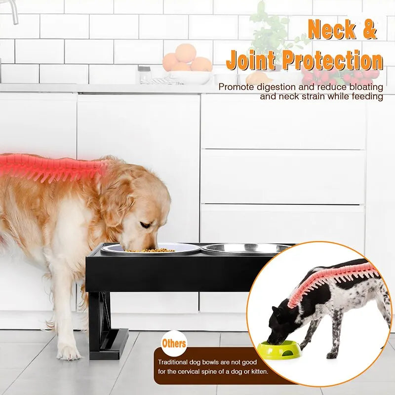 Gamelle Surélevée Réglable pour Chien – Support Pliable avec Bols Inox, 3 Hauteurs Ajustables