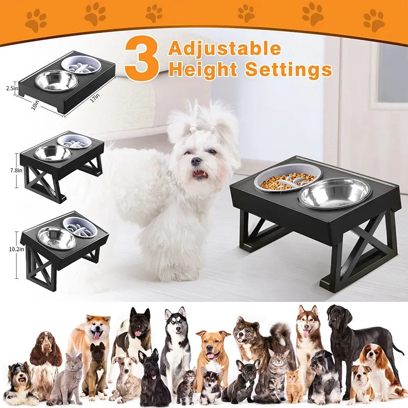 Gamelle Surélevée Réglable pour Chien – Support Pliable avec Bols Inox, 3 Hauteurs Ajustables