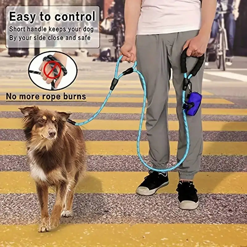 Laisse en corde robuste pour chien – Double poignées confort + bandes réfléchissantes, 1m80