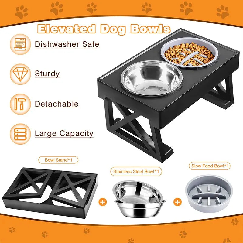 Gamelle Surélevée Réglable pour Chien – Support Pliable avec Bols Inox, 3 Hauteurs Ajustables