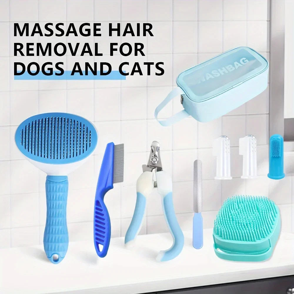 Kit de toilettage complet 9 pièces pour chiens & chats – Brosse, peigne, coupe-ongles & accessoires
