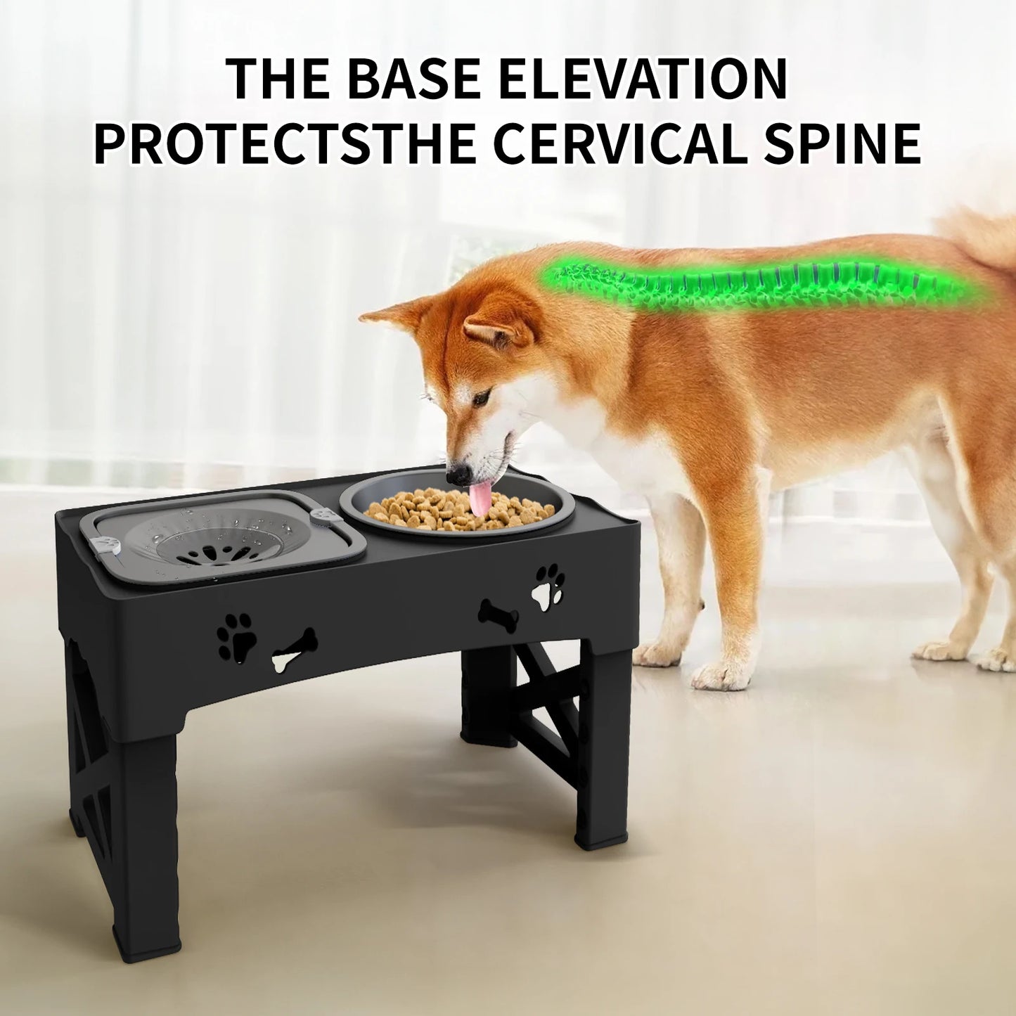 Gamelle Élevée 3-en-1 pour Chien – Support Pliable, Hauteur Réglable (5 niveaux) avec Bols Inox