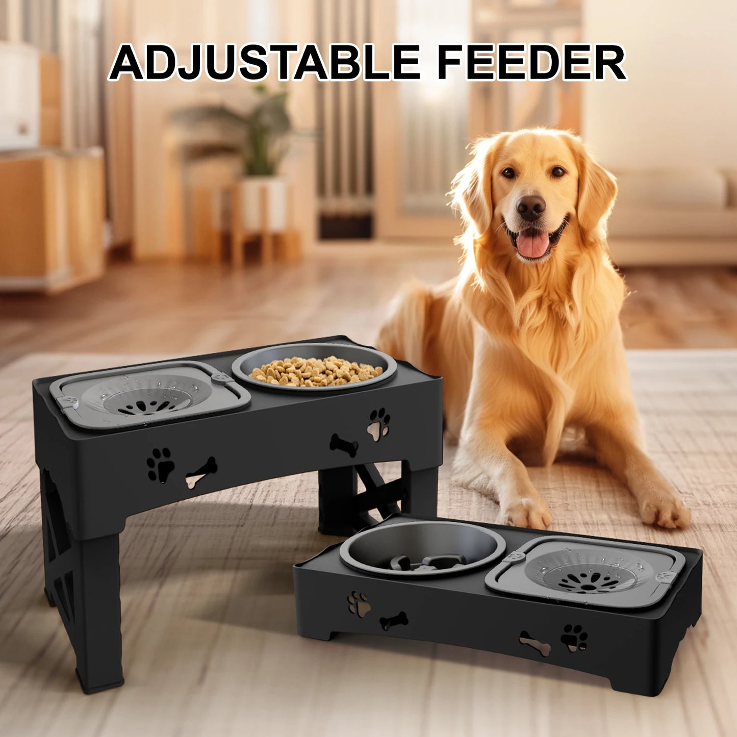 Gamelle Élevée 3-en-1 pour Chien – Support Pliable, Hauteur Réglable (5 niveaux) avec Bols Inox