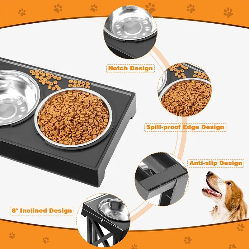 Gamelle Surélevée Réglable pour Chien – Support Pliable avec Bols Inox, 3 Hauteurs Ajustables
