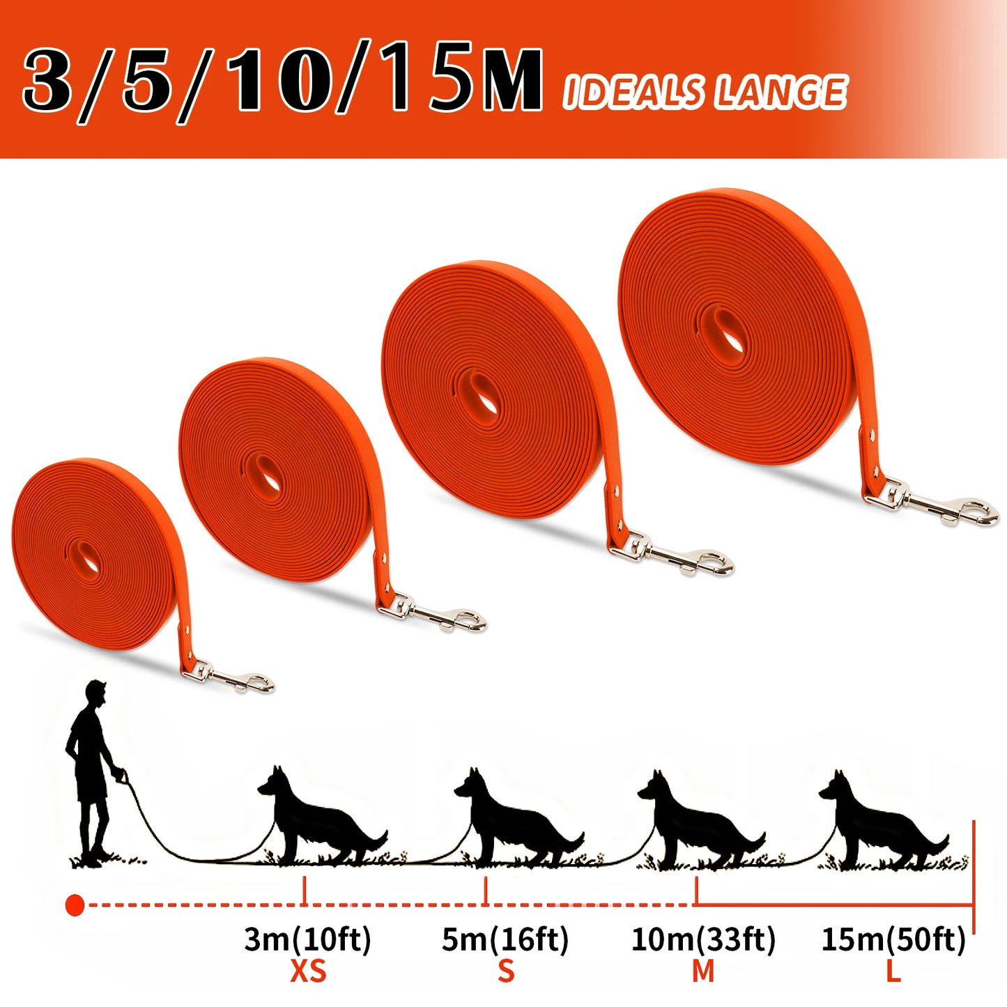Laisse Longue Imperméable pour Chien – PVC Résistant, Facile à Nettoyer (3m, 5m, 10m, 15m)